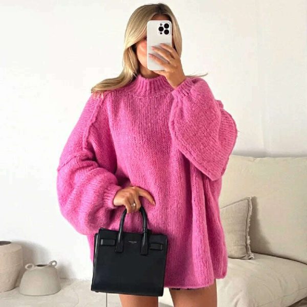 Fashion Solid Sweater For Women Loose Long Lantern Sleeve O-neck Female Knitted Pullover 2023 Autumn Thick High Street Lady Top Online now - Image 3