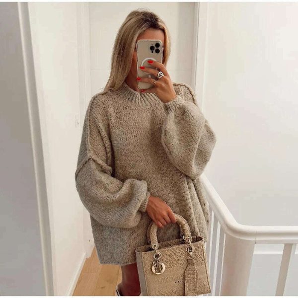 Fashion Solid Sweater For Women Loose Long Lantern Sleeve O-neck Female Knitted Pullover 2023 Autumn Thick High Street Lady Top Online now