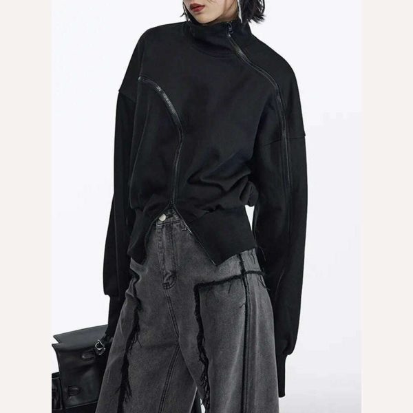 TWOTWINSTYLE Solid Patchwork Zipper Streetwear Sweatshirts For Women Tuntleneck Long Sleeve Pullover Sweatshirt Female Fahion Online - Image 4