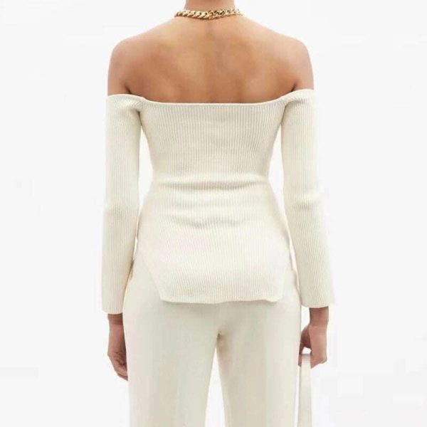 VGH Plain Slim Long Sleeve Slash Neck Knitting Sweaters For Women Casual Off Shoulder Pullovers Female 2022 Spring Clothing New For Sale - Image 5