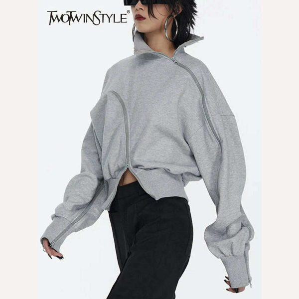 TWOTWINSTYLE Solid Patchwork Zipper Streetwear Sweatshirts For Women Tuntleneck Long Sleeve Pullover Sweatshirt Female Fahion Online - Image 2